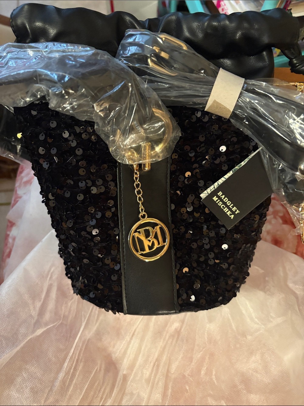 Badgley Mischka Black Sequin Drawstring Bucket Bag with Gold Logo Charm